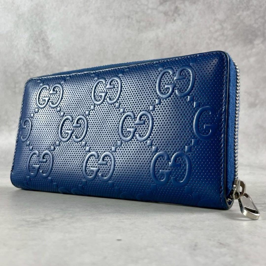 GUCCI 長財布 GGエンボス ラウンドファスナー グッチ 現行 ブルー