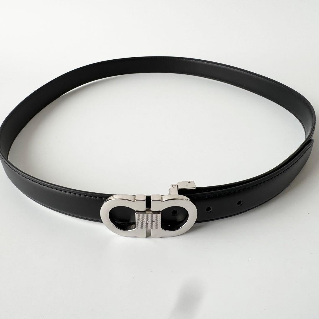 【未使用級】フェラガモ ベルト ダブルガンチーニ レザー　ブラック　シルバー