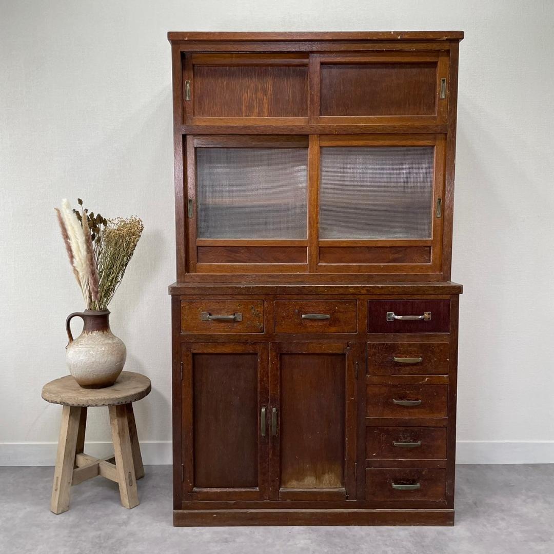 ヴィンテージ チェッカーガラス 食器棚 水屋箪笥 飾り棚 収納棚 和家具