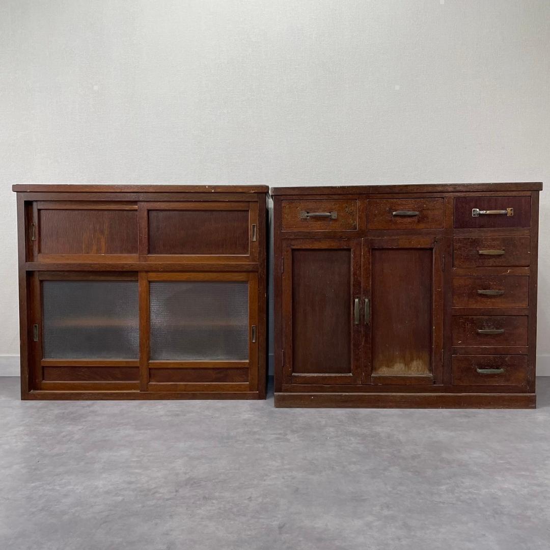 ヴィンテージ チェッカーガラス 食器棚 水屋箪笥 飾り棚 収納棚 和家具