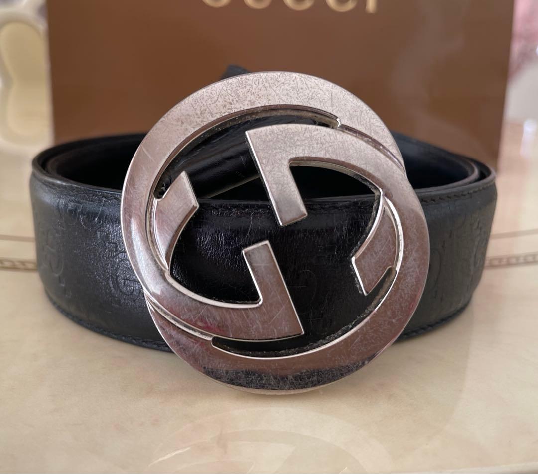 GUCCI グッチ ベルト 本革 ブラック シルバー GG バックル