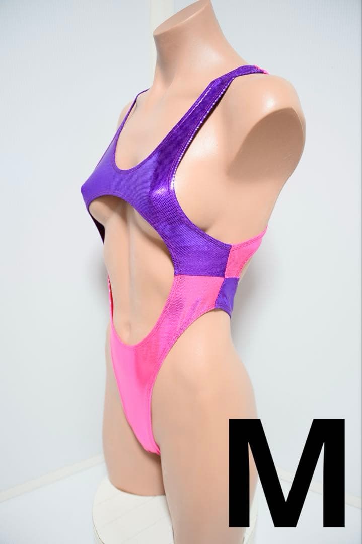 ピンク紫カラーブロックワンピース水着