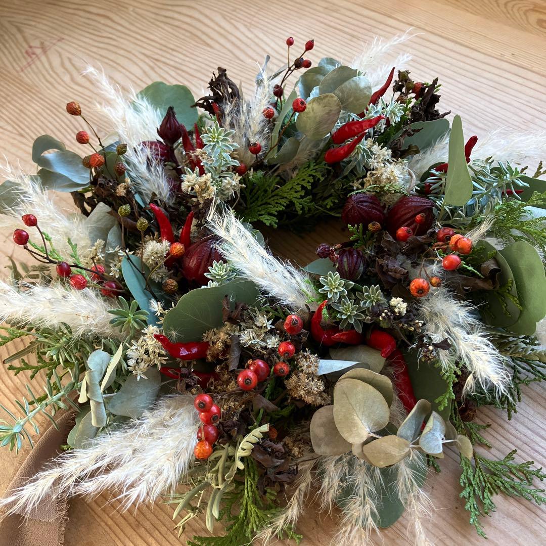 大きめ　ローゼルと唐辛子のリース　ユーカリ　パンパスグラス　秋〰️クリスマス