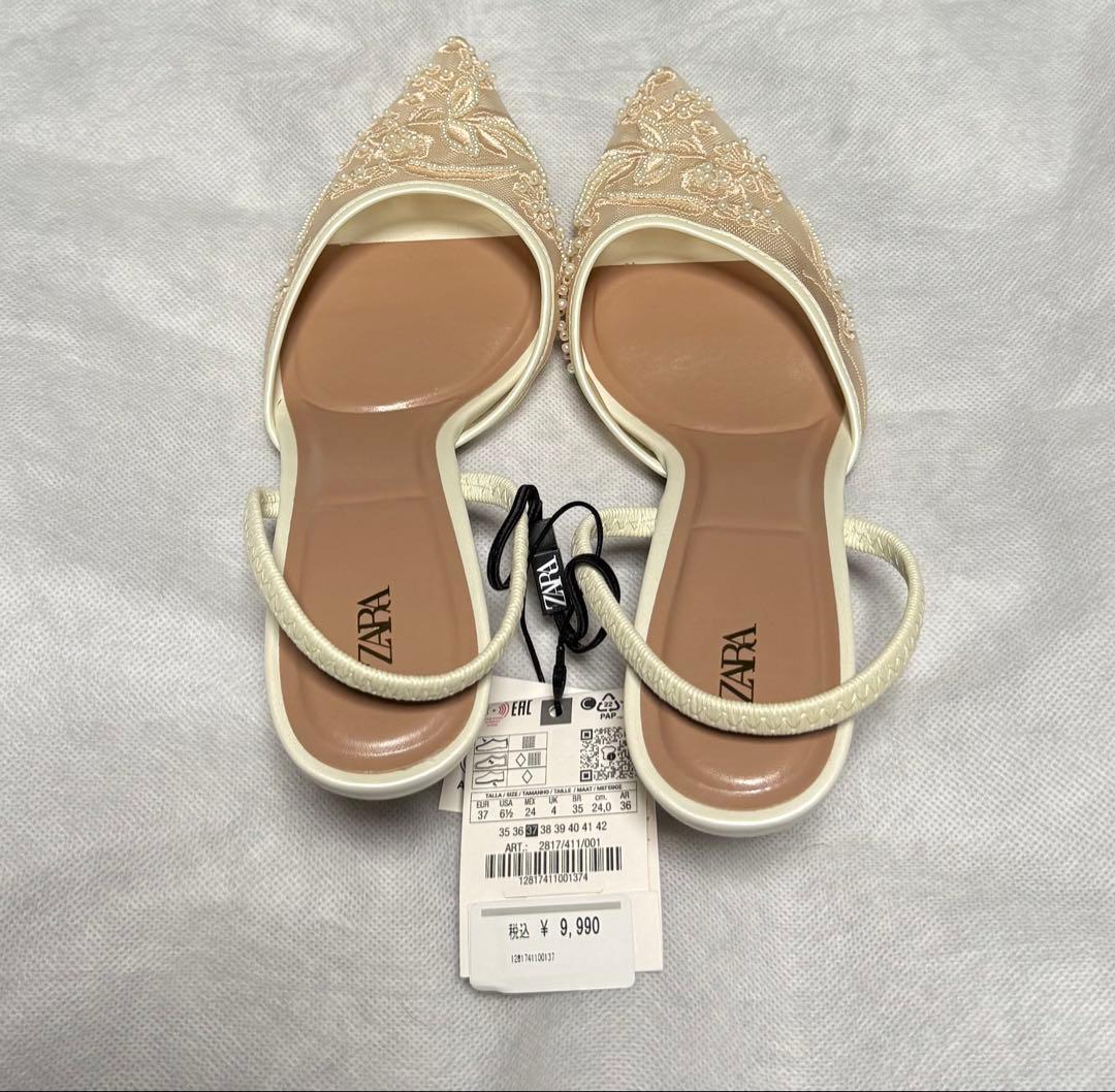 【新品タグ付き】ZARA 刺繍入りメッシュ、スリングバックスタイル　ホワイト24