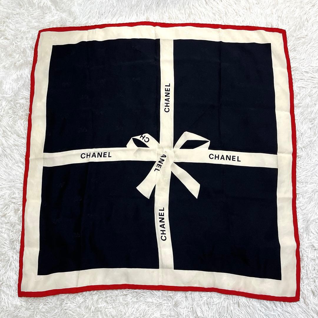 【美品✨】シャネル CHANEL リボン 大判スカーフ シルク100% ブラック