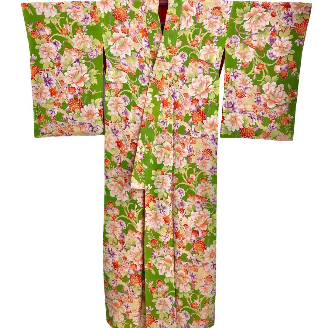 若草色 アンティーク着物 縮緬 ジュニア 十三詣り NO26