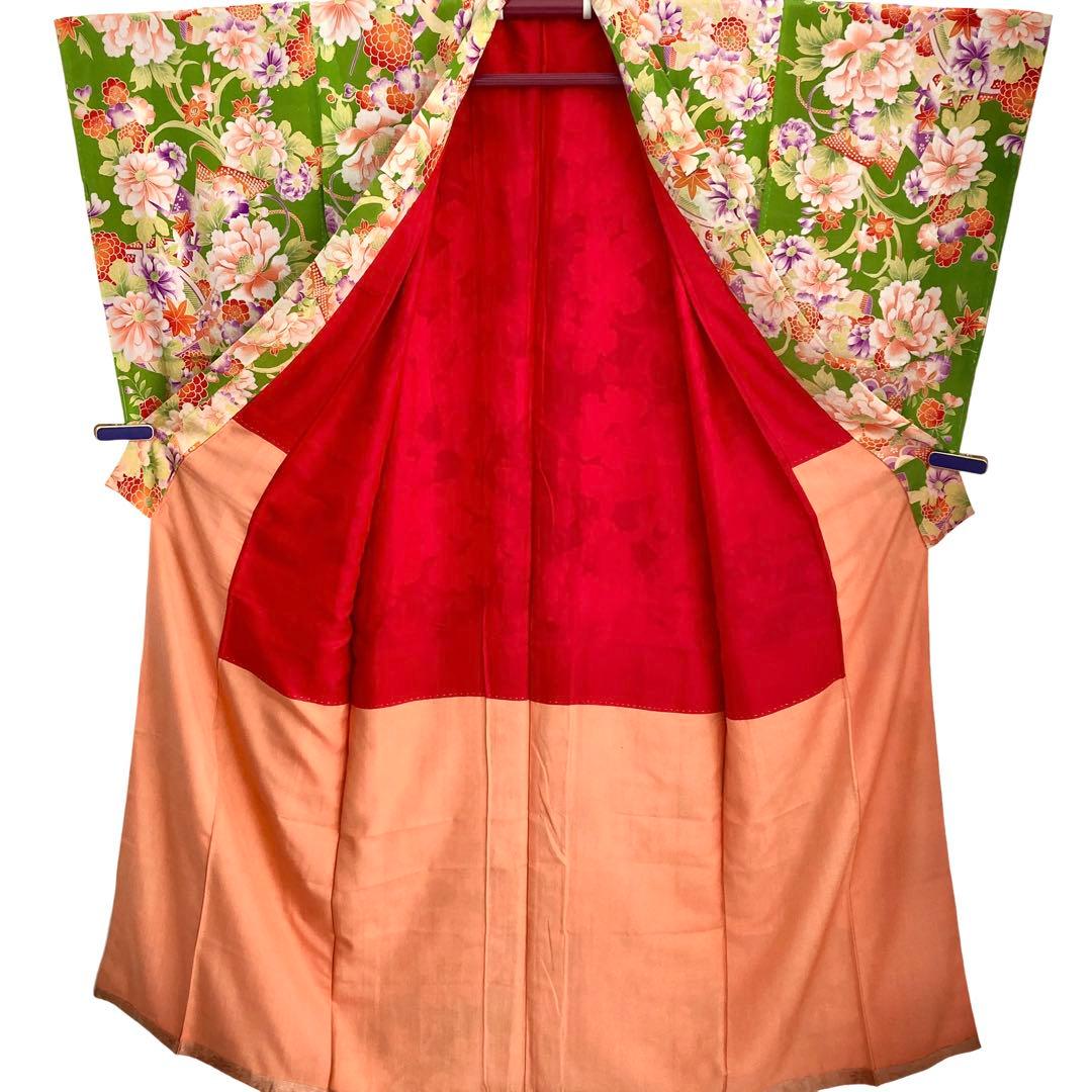 若草色 アンティーク着物 縮緬 ジュニア 十三詣り NO26