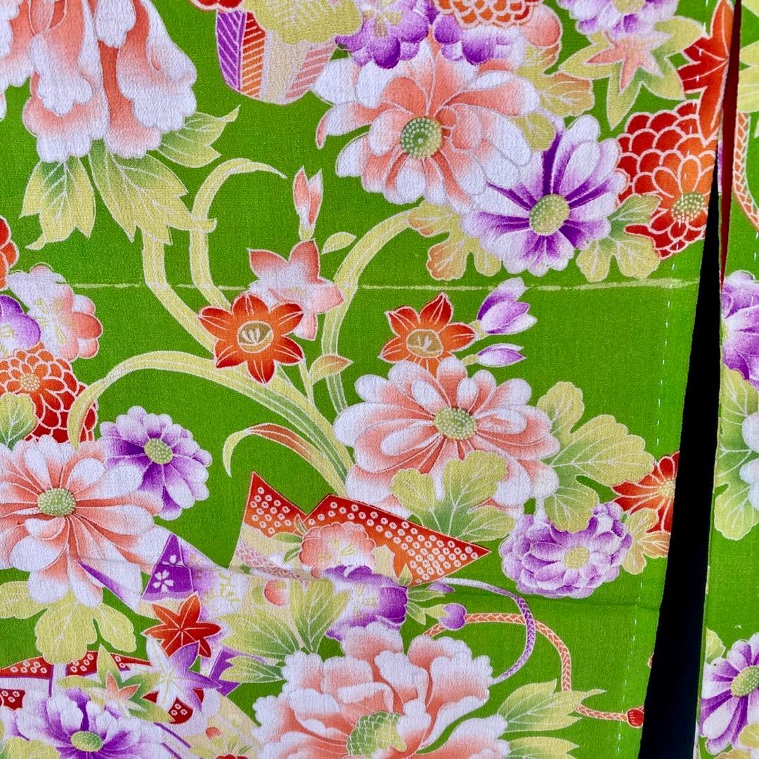 若草色 アンティーク着物 縮緬 ジュニア 十三詣り NO26