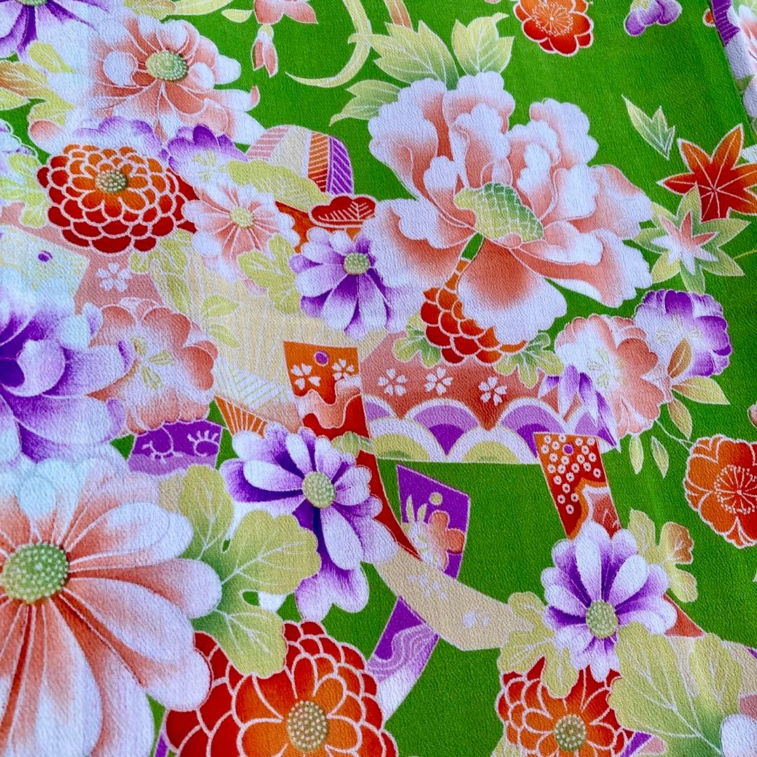 若草色 アンティーク着物 縮緬 ジュニア 十三詣り NO26