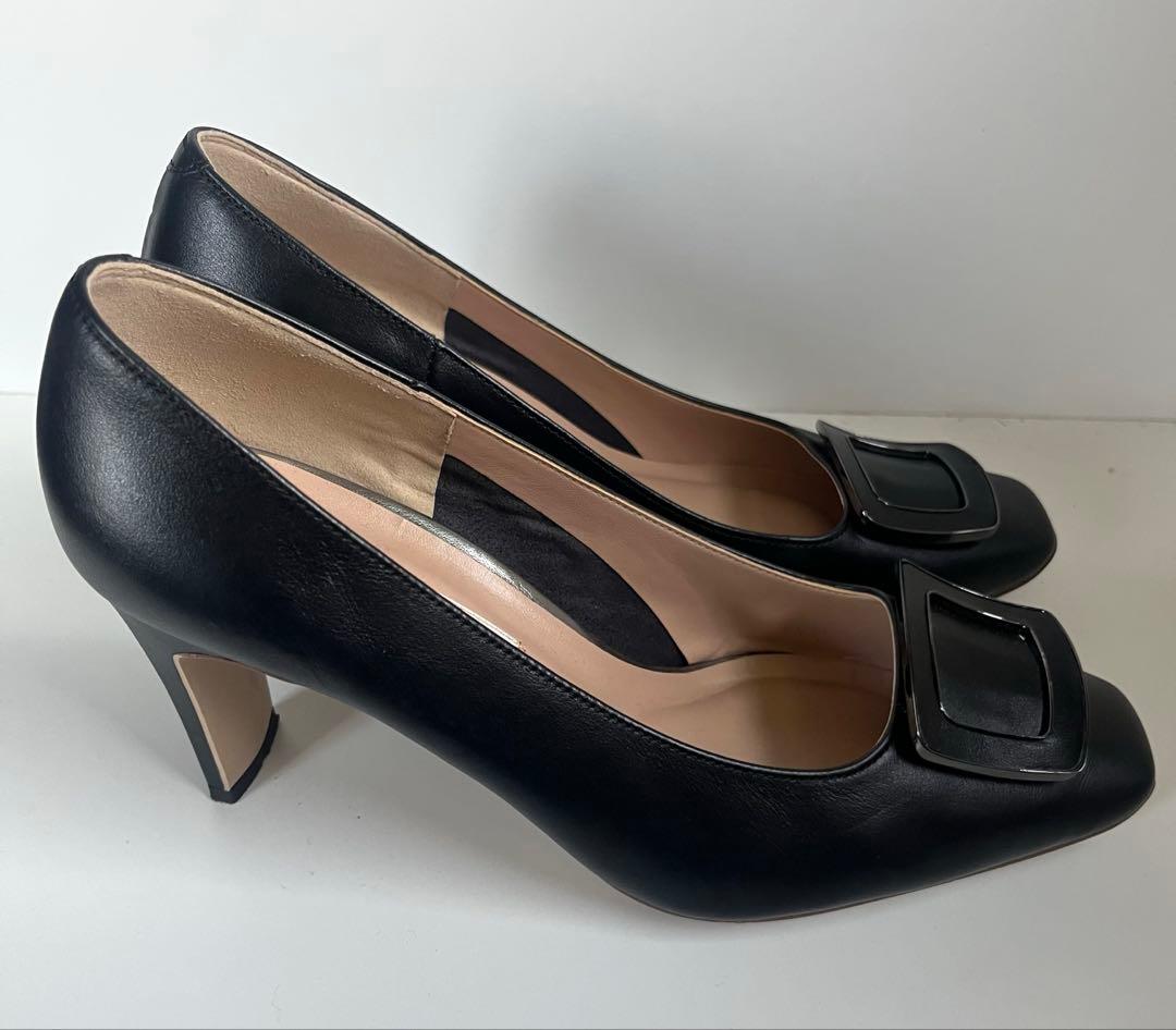 極美品 DIANA スクエアトゥ バックル ブラック ハイヒール 23cm
