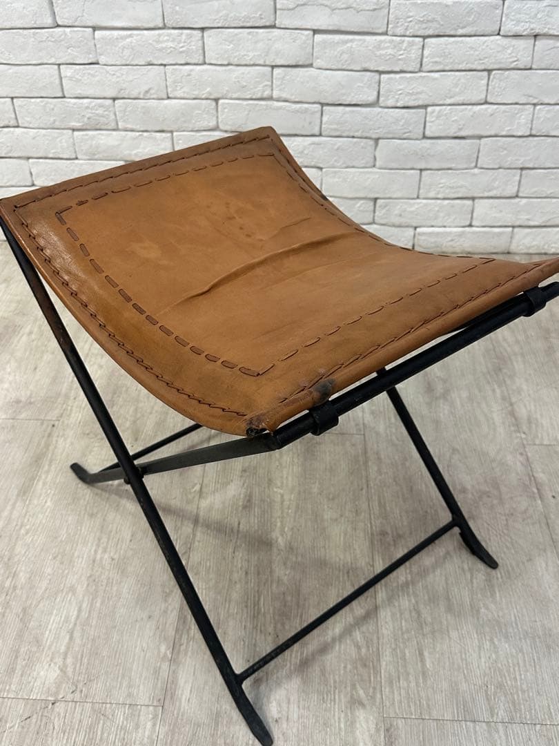 B ⭐️【全国送料無料】インダストリアル　レザー　アイアン　スツール　折りたたみ