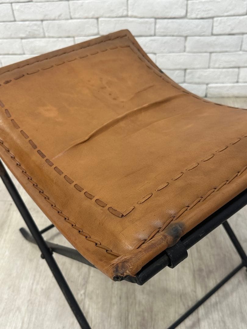 B ⭐️【全国送料無料】インダストリアル　レザー　アイアン　スツール　折りたたみ