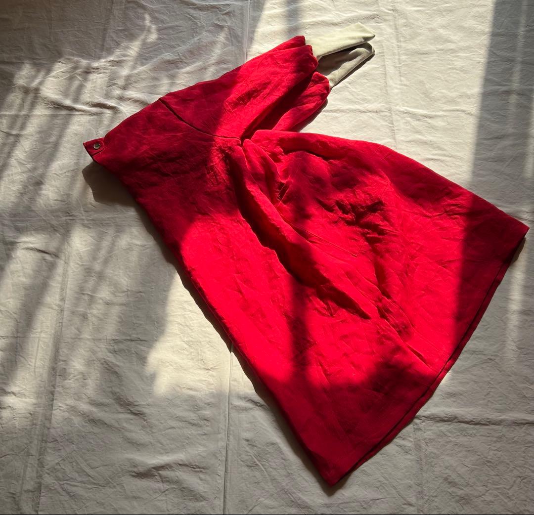 【mizさま専用ページ】フランスlinenやや張り感・真赤＊リブ袖口割烹着ワンピ