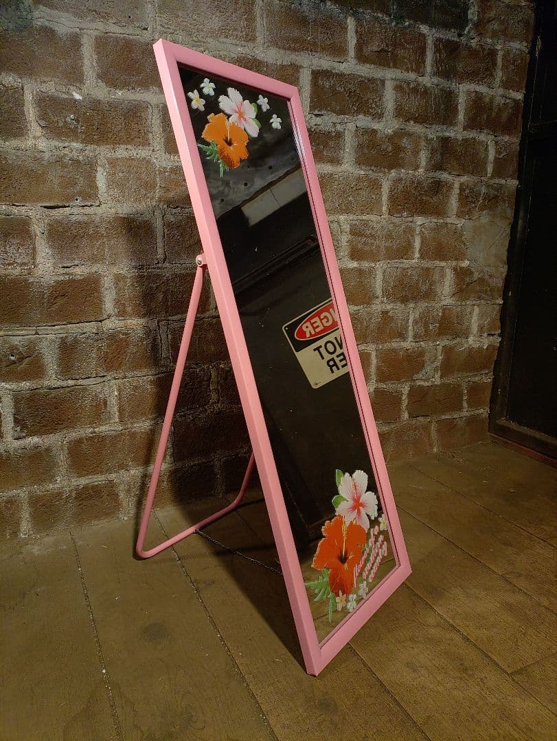 昭和レトロ　スタンドミラー　ハイビスカス　ピンク　ビンテージ　アイアンフレーム