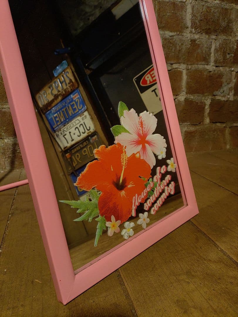 昭和レトロ　スタンドミラー　ハイビスカス　ピンク　ビンテージ　アイアンフレーム