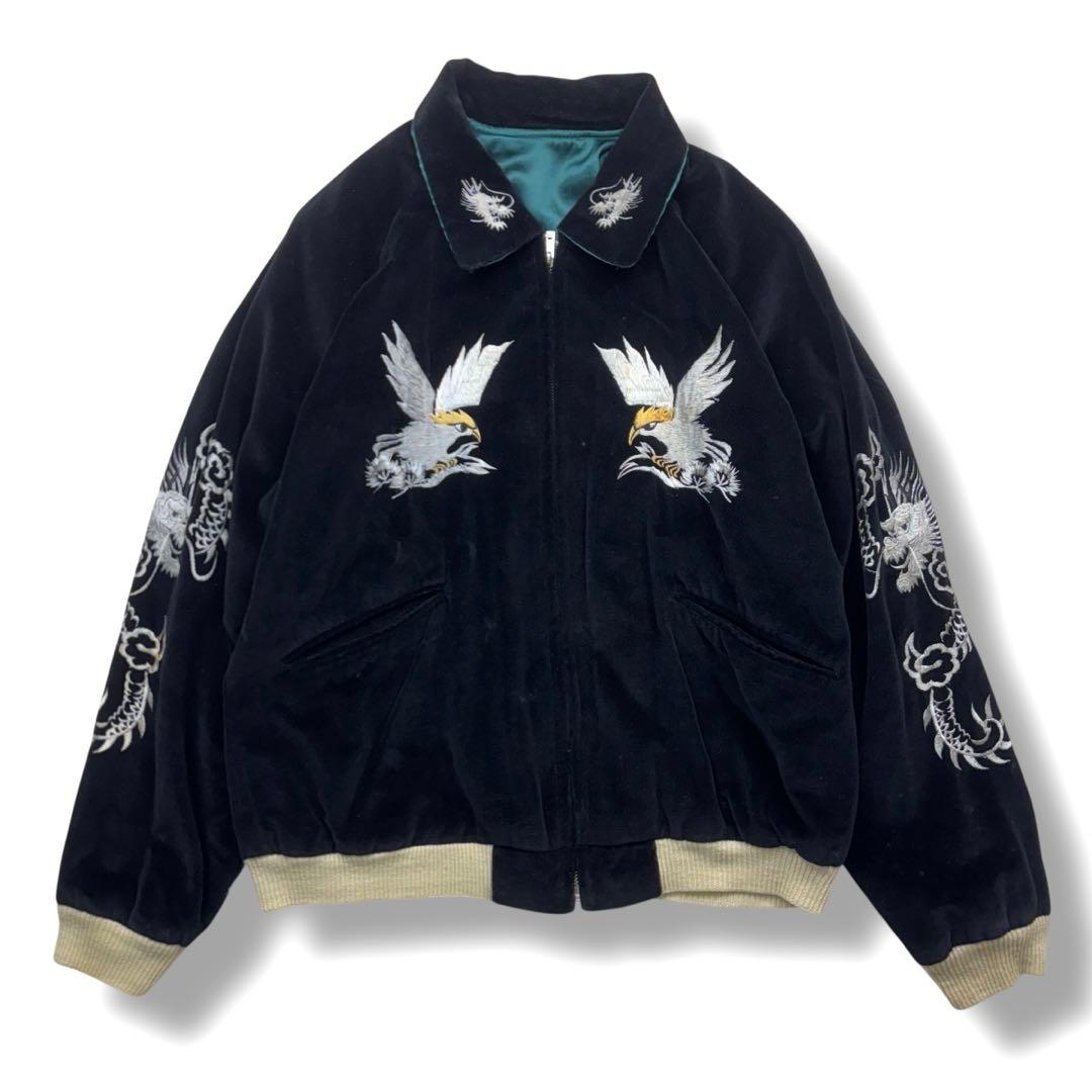 希少 テーラー東洋 スカジャン スーベニア 別珍 鷹×龍 刺繍 ベロア 黒 M