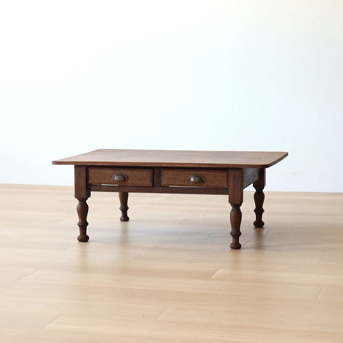 アンティーク ロクロ脚 引き出し2杯 無垢材 文机 古家具 ラワン