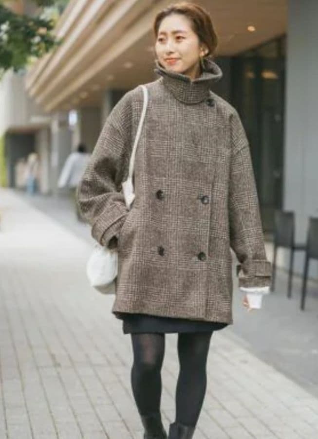 スピックアンドスパンＷスライバーチェックハーフコートブラウンM