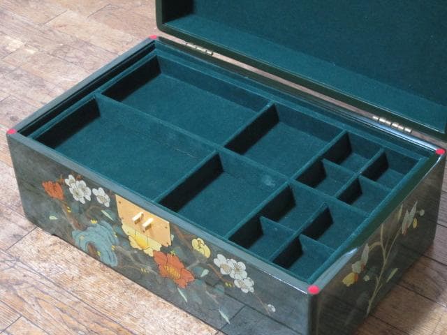 漆塗 中国美術 真鍮金具 花文様図 保管箱/宝石箱/ジュエリーケース/小物入れ