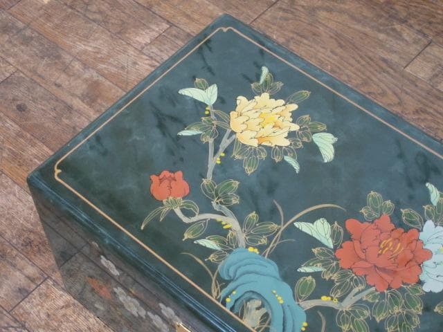 漆塗 中国美術 真鍮金具 花文様図 保管箱/宝石箱/ジュエリーケース/小物入れ