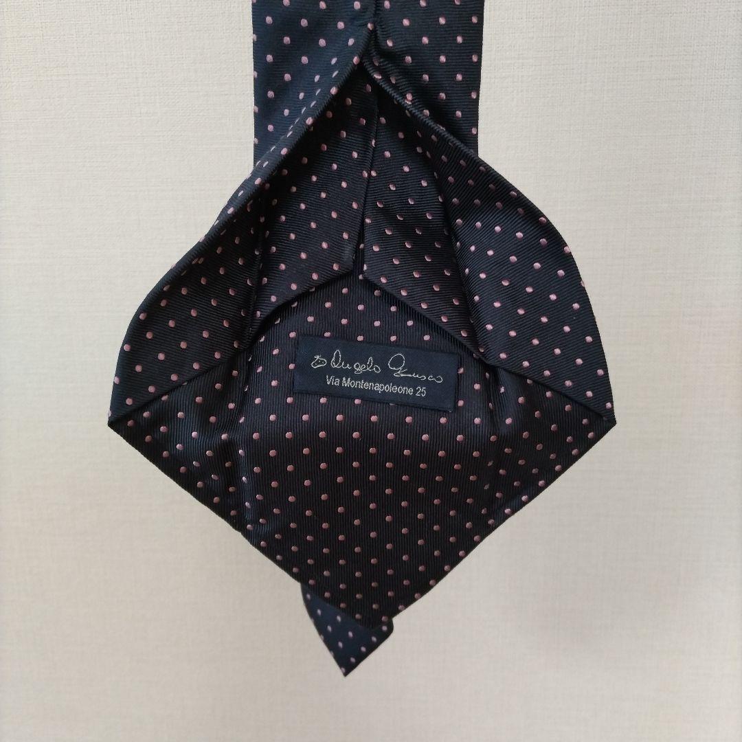 Angelo fusco ネクタイ ネイビーブルー ピンクドット