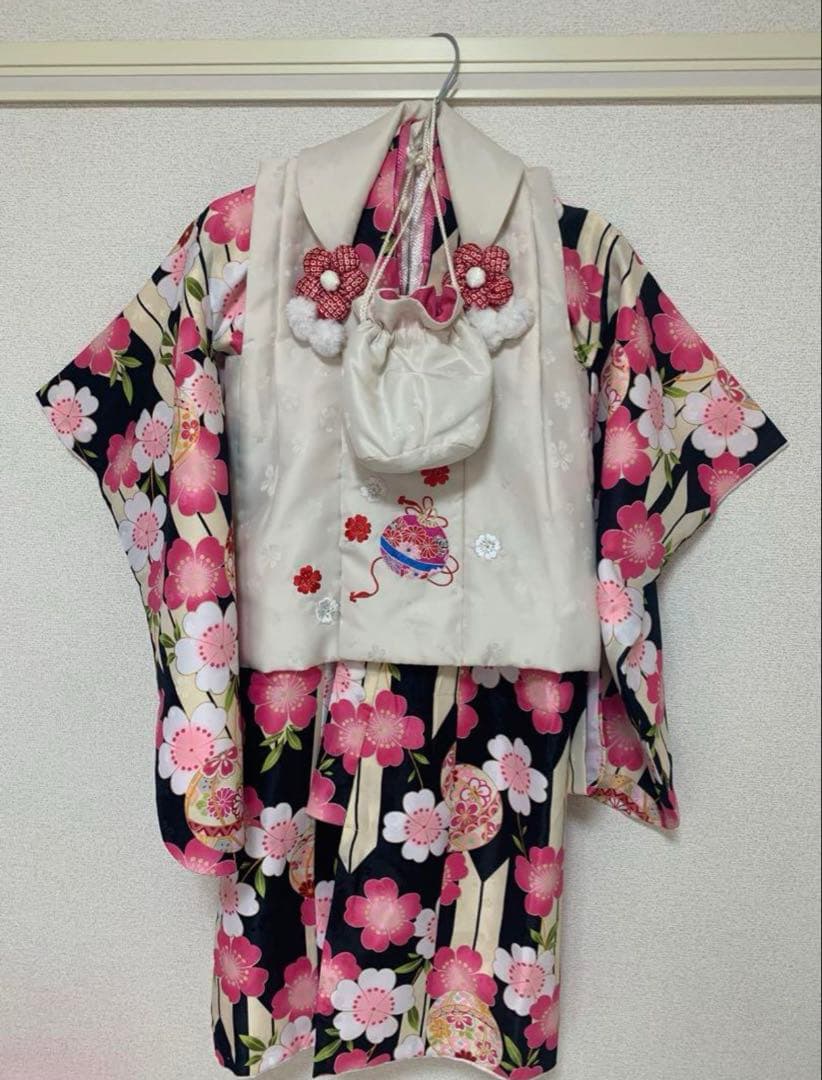 七五三用 花柄着物と巾着