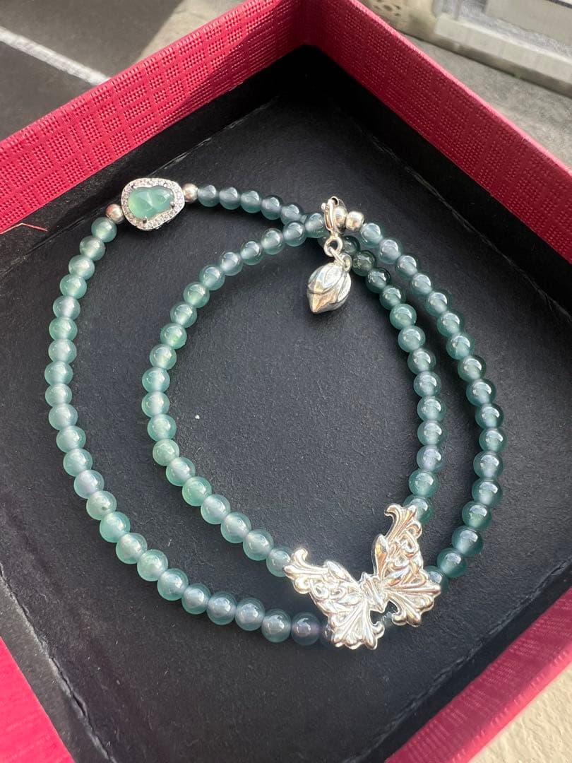 天然翡翠　グァテマラ産A翡翠　氷種　青系　S925チャーム　2連ブレスレット