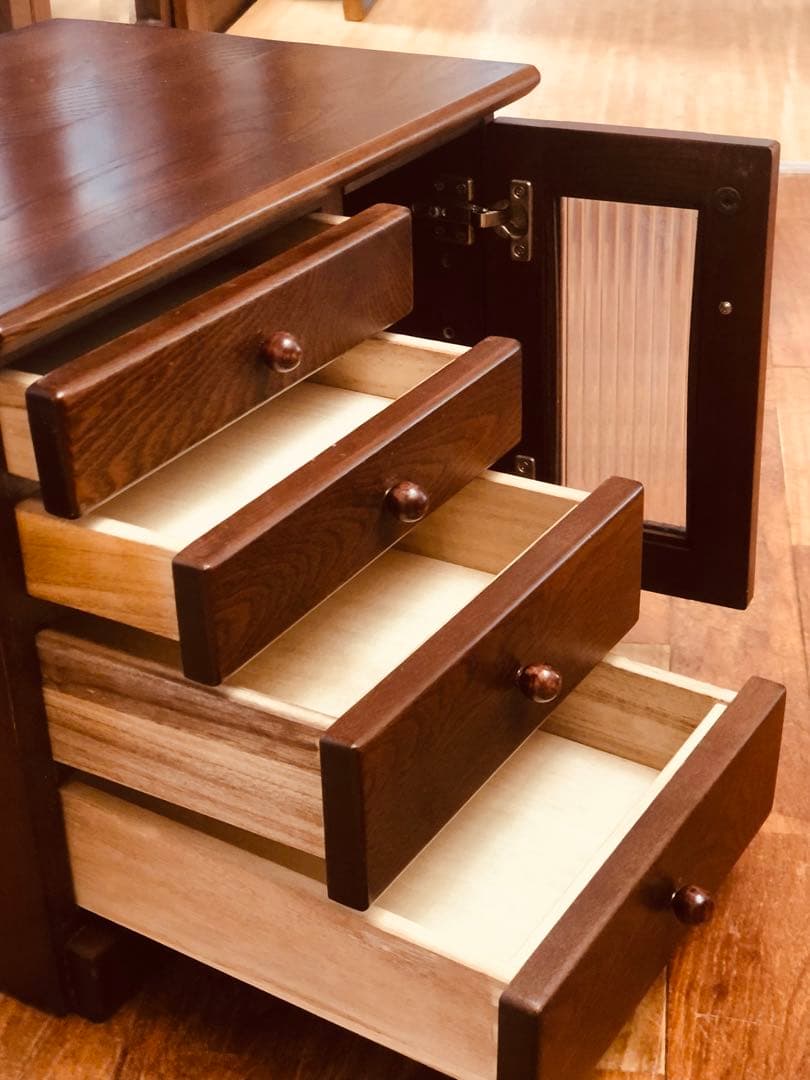 けやき 欅 引き出し4杯 レトロ ガラス 木製収納 シェルフ 民藝家具