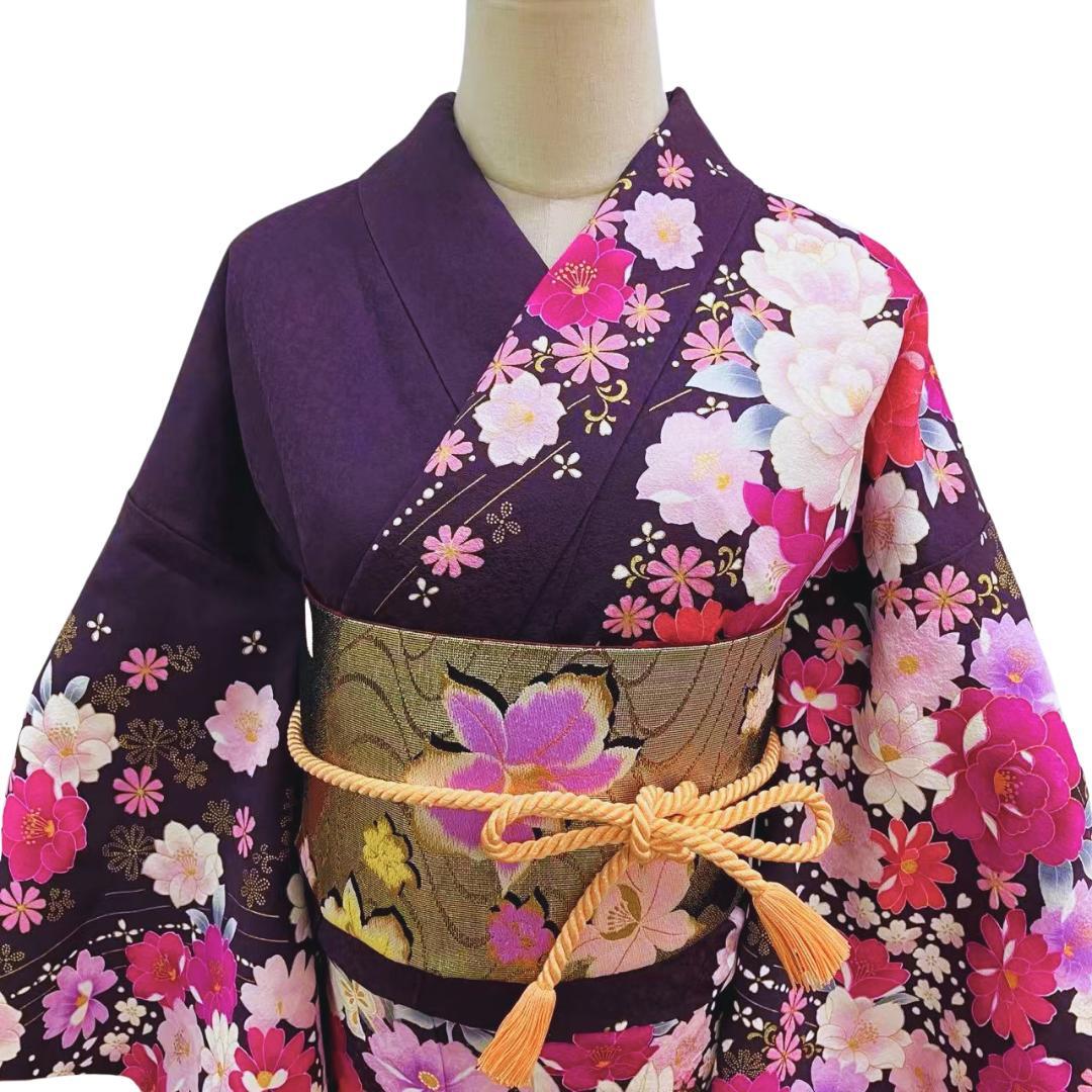 【超美品】 振袖セット 成人式 正絹 現代柄 ユリ 紫 *213 ●