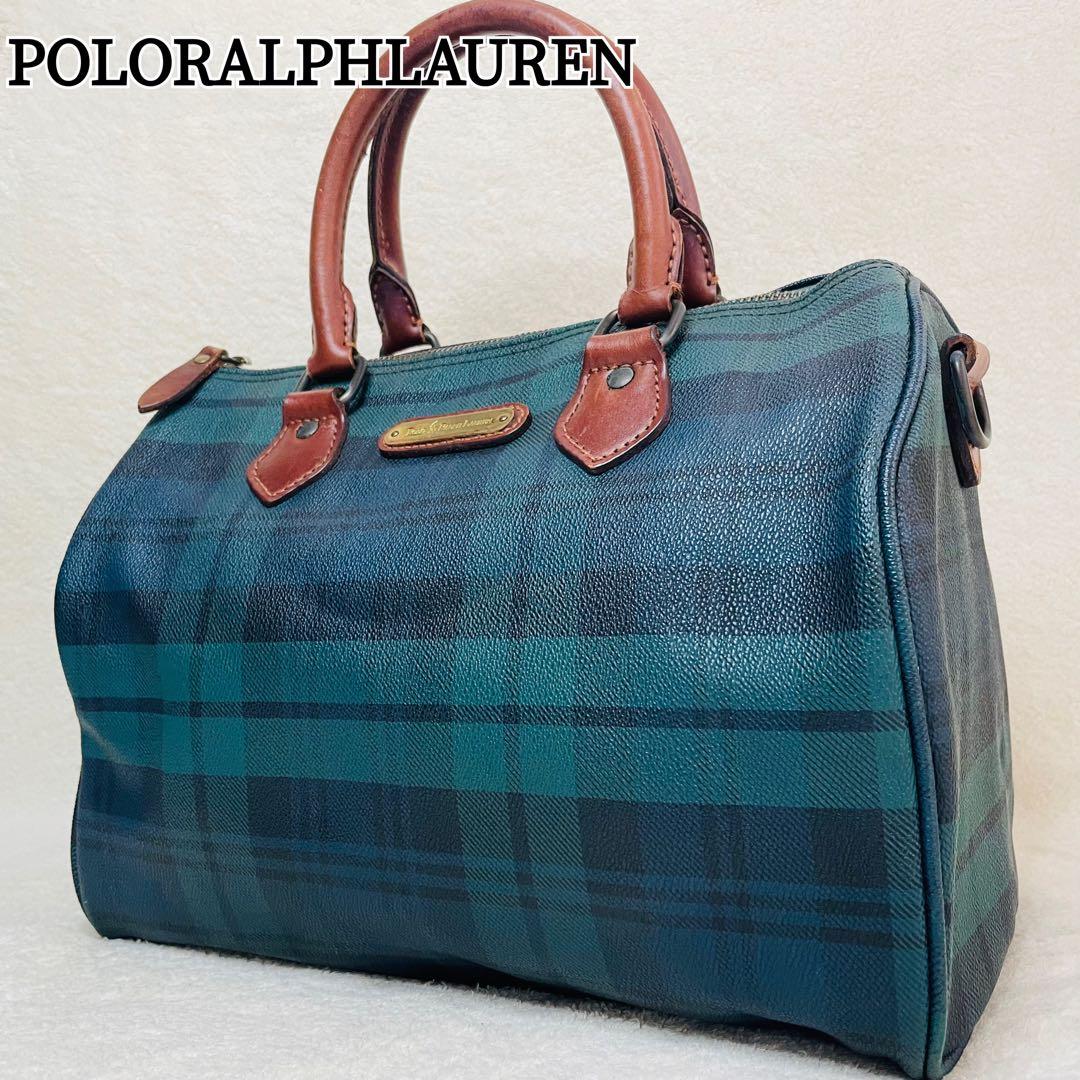 ポロラルフローレン ミニボストンバッグ PVCレザー グリーンチェック