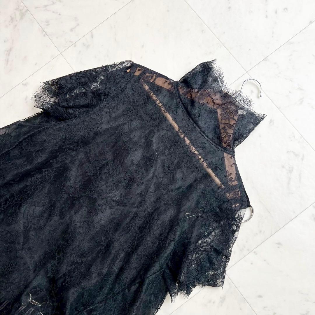 sacai 2017 ハイネックレーストップス×ストライププリーツ巻きスカート