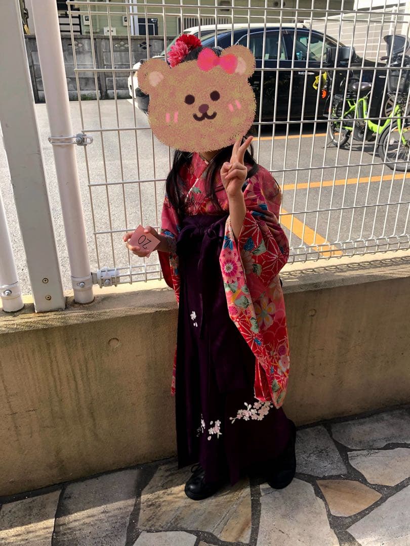 簡単着付けの袴3点セット　紅桃着物×本紫袴 卒園 120cm オンライン完売品