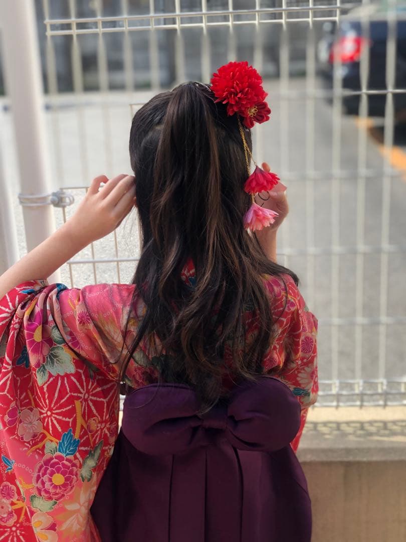 簡単着付けの袴3点セット　紅桃着物×本紫袴 卒園 120cm オンライン完売品