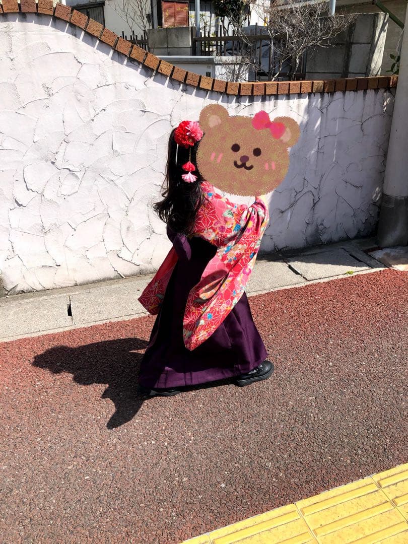 簡単着付けの袴3点セット　紅桃着物×本紫袴 卒園 120cm オンライン完売品