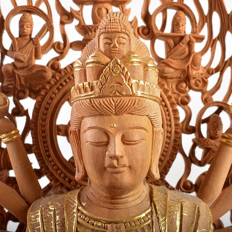 はろはろ　仏教美術松園大龍作白檀彫刻　千手観音菩薩像　共箱　U　R5647