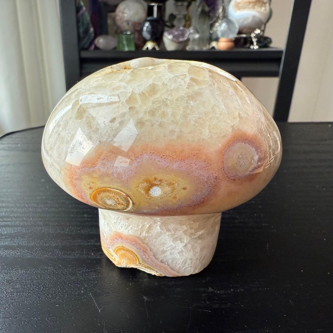 【MH】天然石シュガー水晶共生瑪瑙のきのこ　置物NO.010914