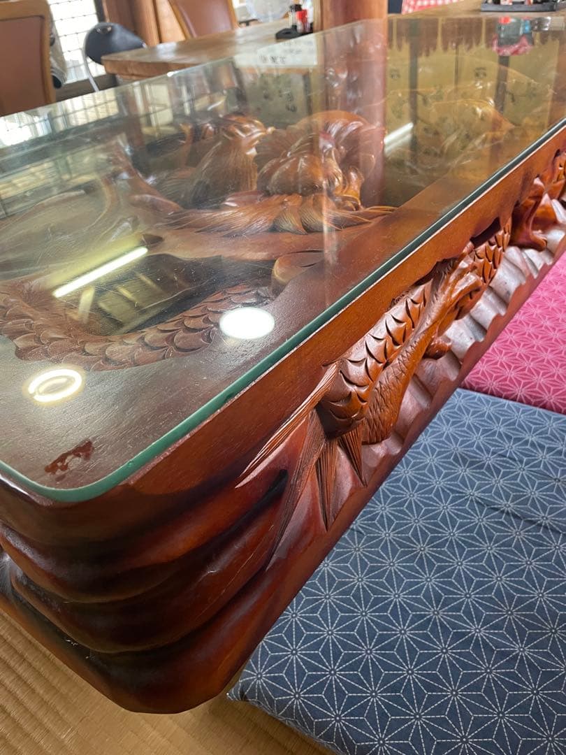 干支 彫刻 木彫 テーブル アンティーク ガラス天板