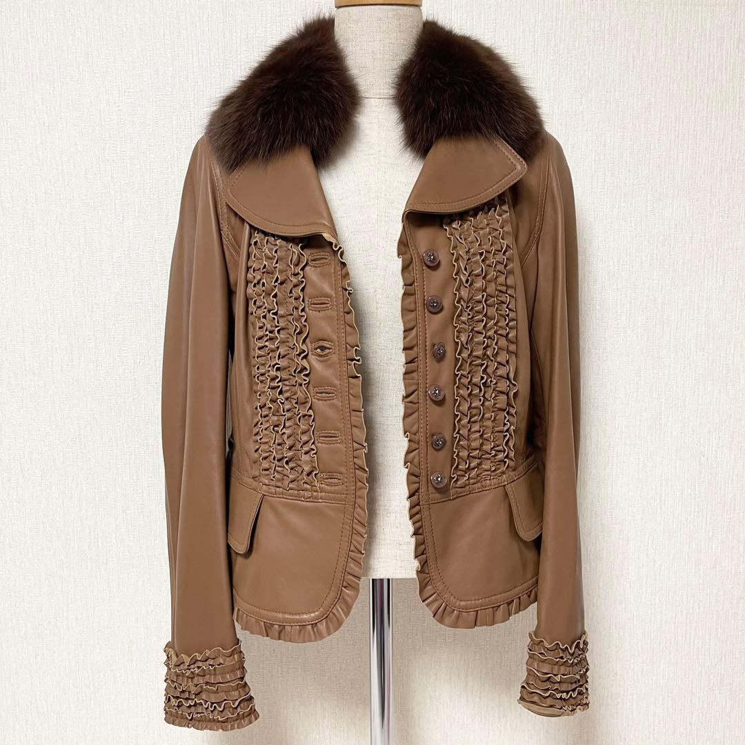 INGEBORG インゲボルグ フリル レザー ファー ジャケット ブラウン M