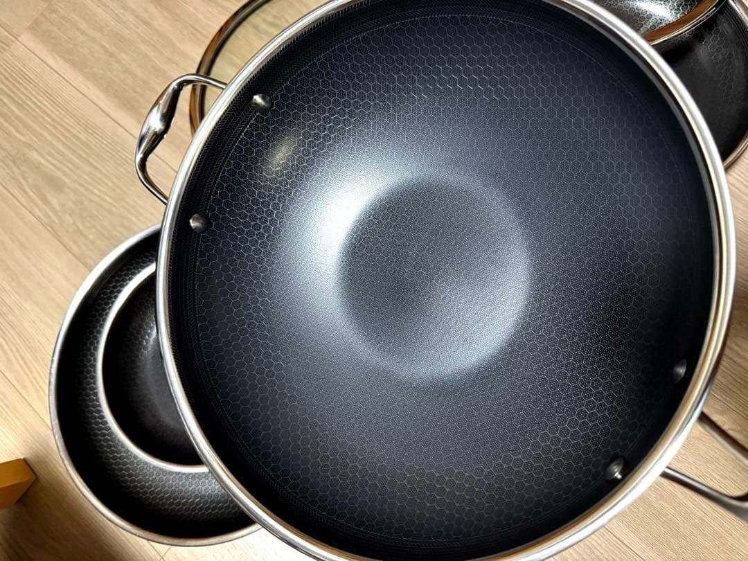 ヘックスクラッド ハイブリッドフライパン&ウォック（中華鍋）4点セット（蓋付き）