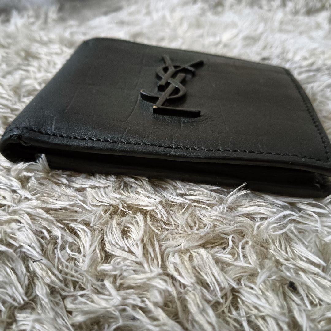 サンローラン　折り財布　小銭入れ　YSLロゴ　クロコ型押し　黒　ウォレット