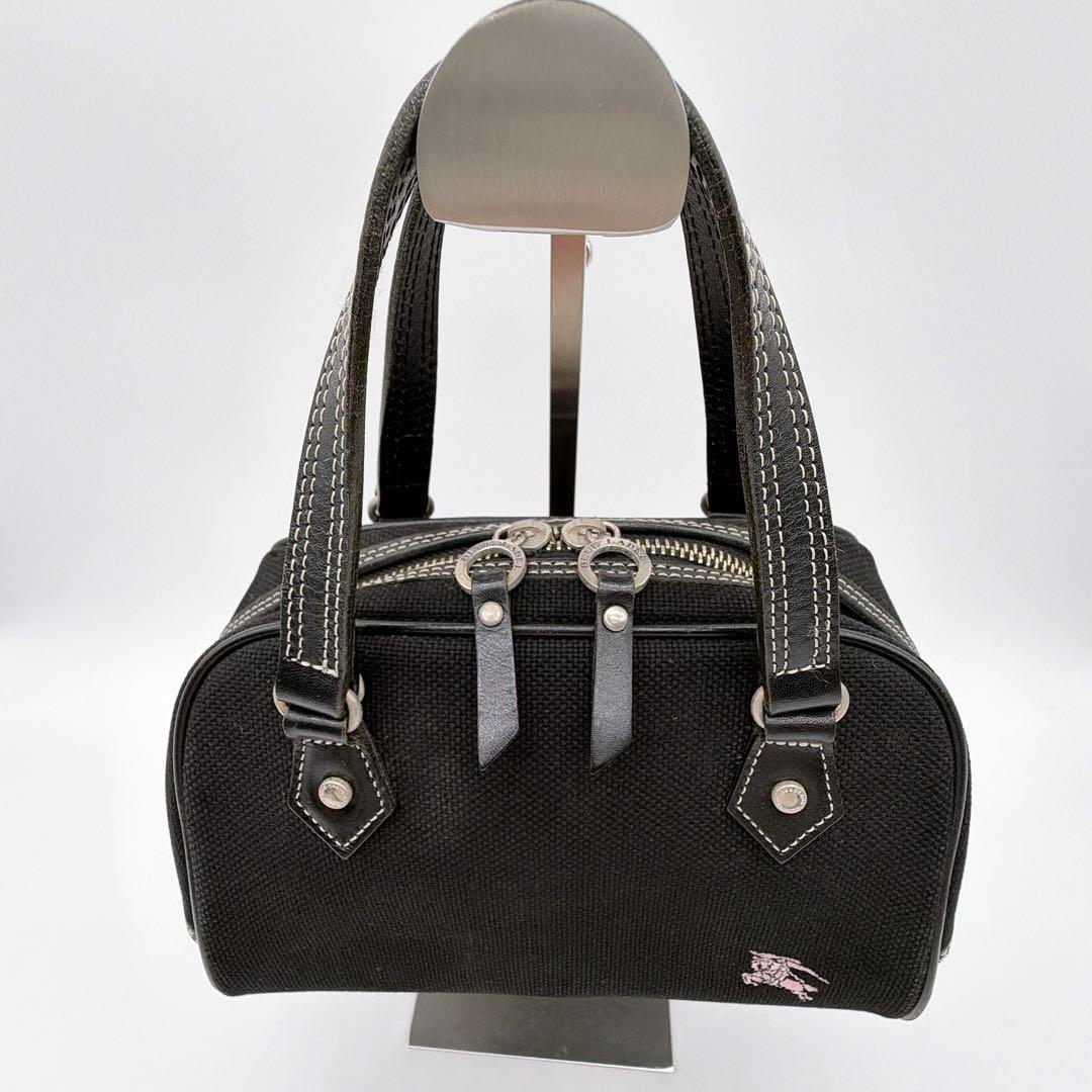 希少【バーバリーブルーレーベル】ミニボストン ハンドバッグ 黒 ピンクホース刺繍