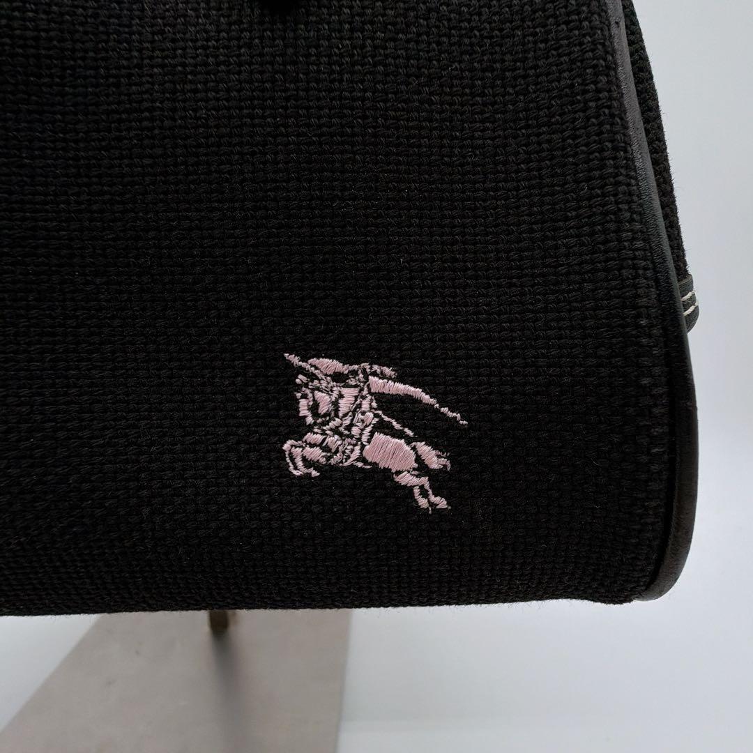 希少【バーバリーブルーレーベル】ミニボストン ハンドバッグ 黒 ピンクホース刺繍