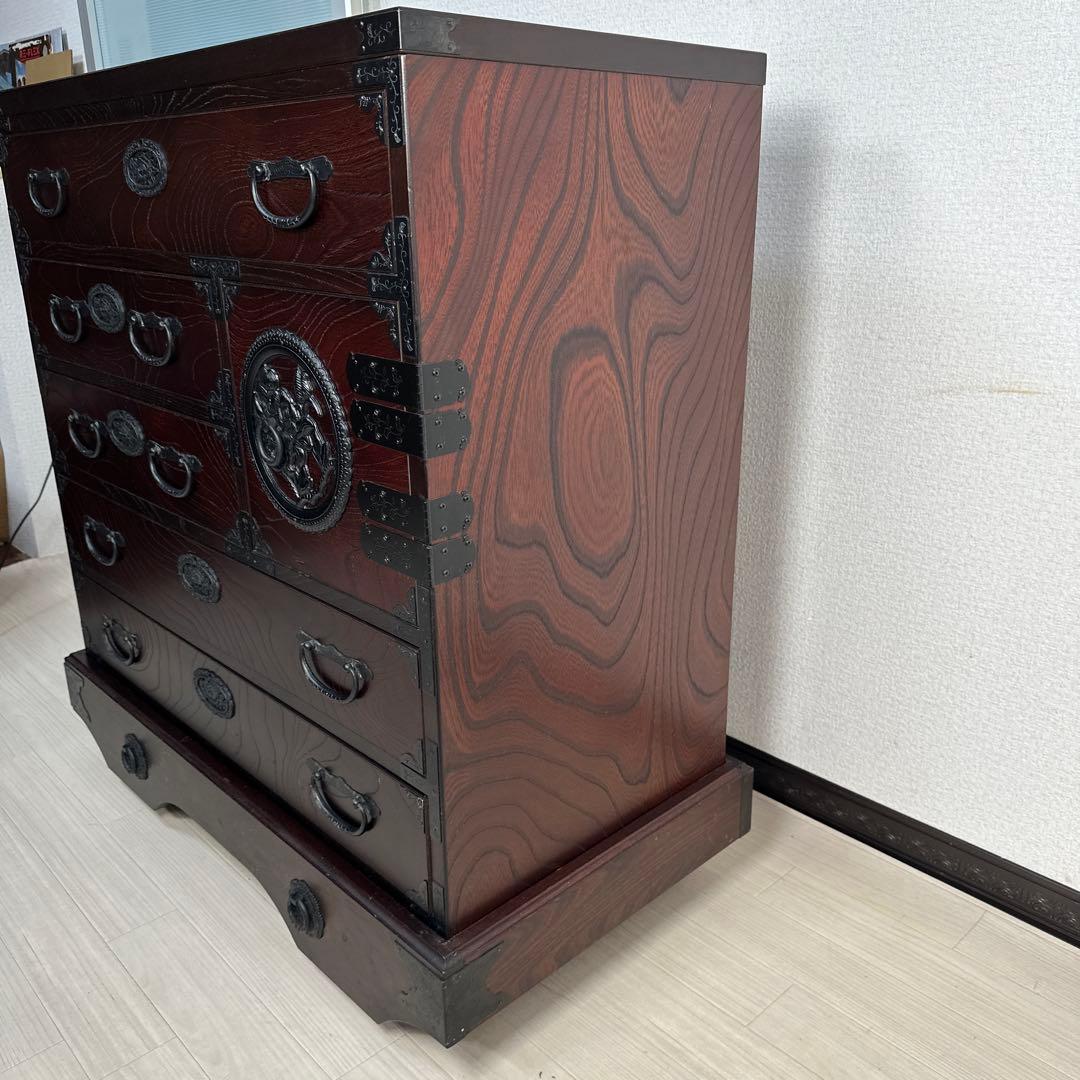 青木産業 江戸 欅 ケヤキ 5段整理箪笥 時代箪笥 チェスト 鍵付き ※iso※