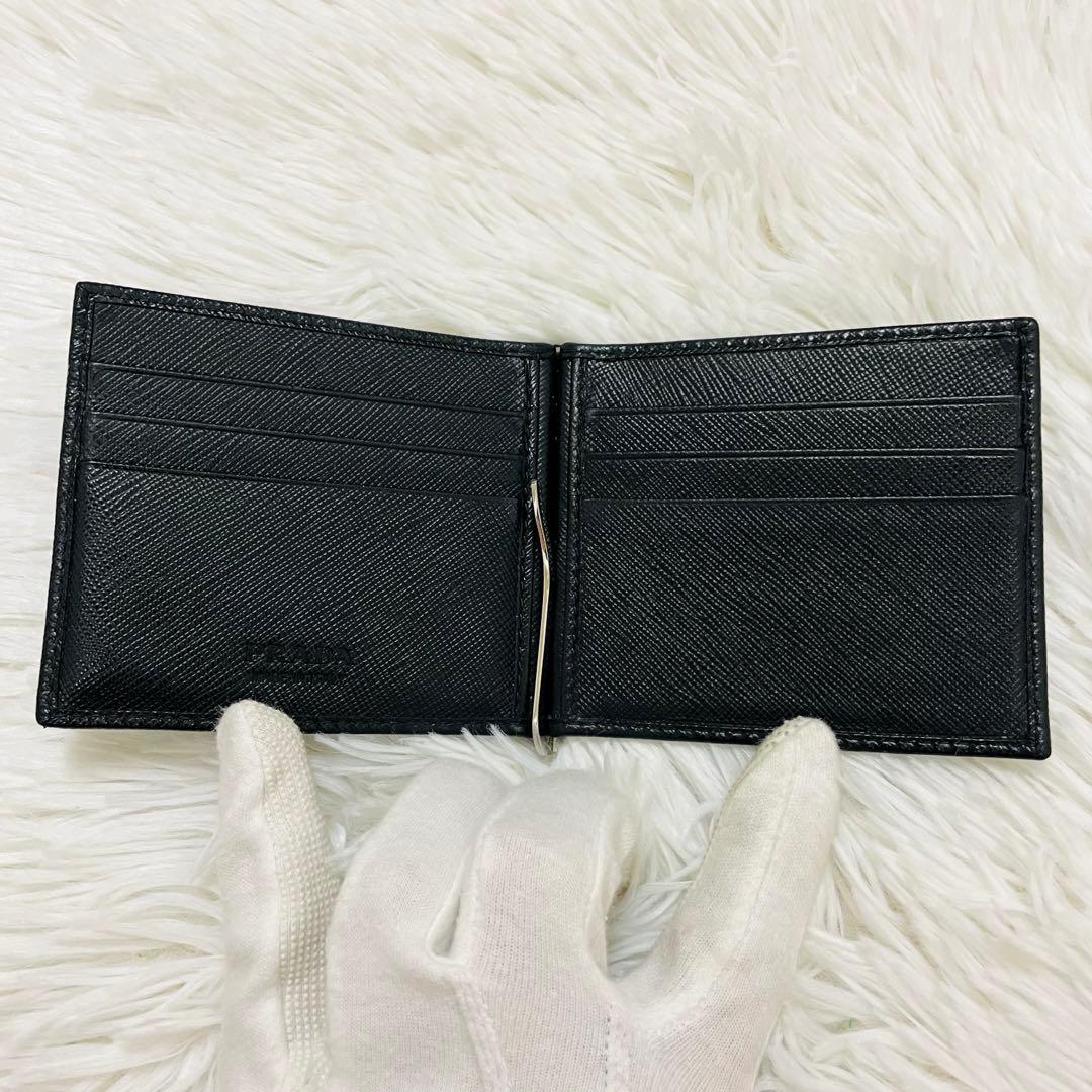 極美✨PRADA 二つ折り マネークリップ サフィアーノレザー 黒