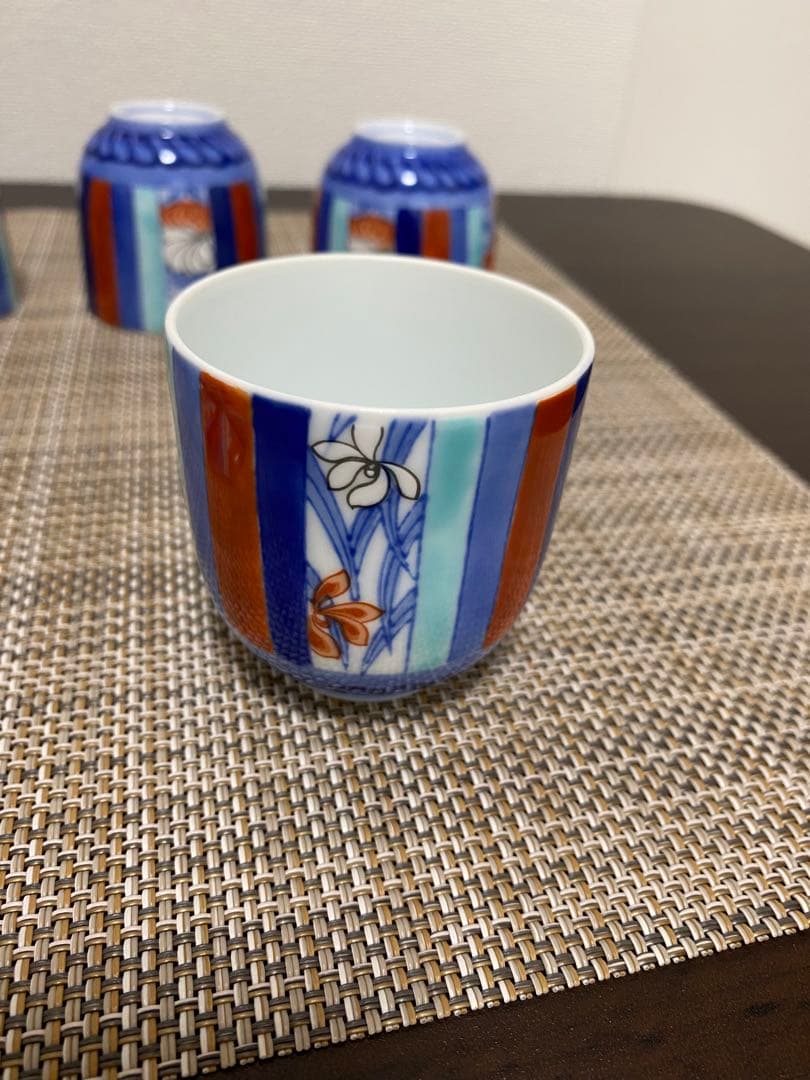 深川製磁　染錦　四君子柄　蓋付煎茶碗 五客セット