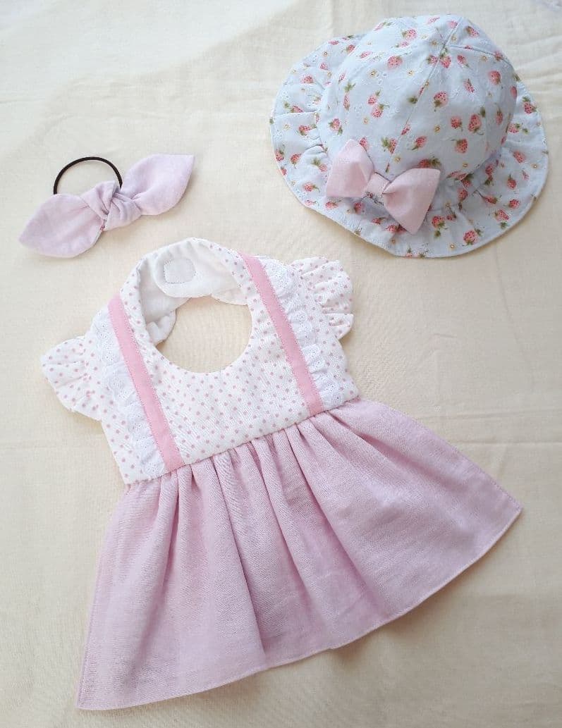 3点【送料無料】いちごのドレスワンピーススタイ&ベビーハット&結びリボンゴム