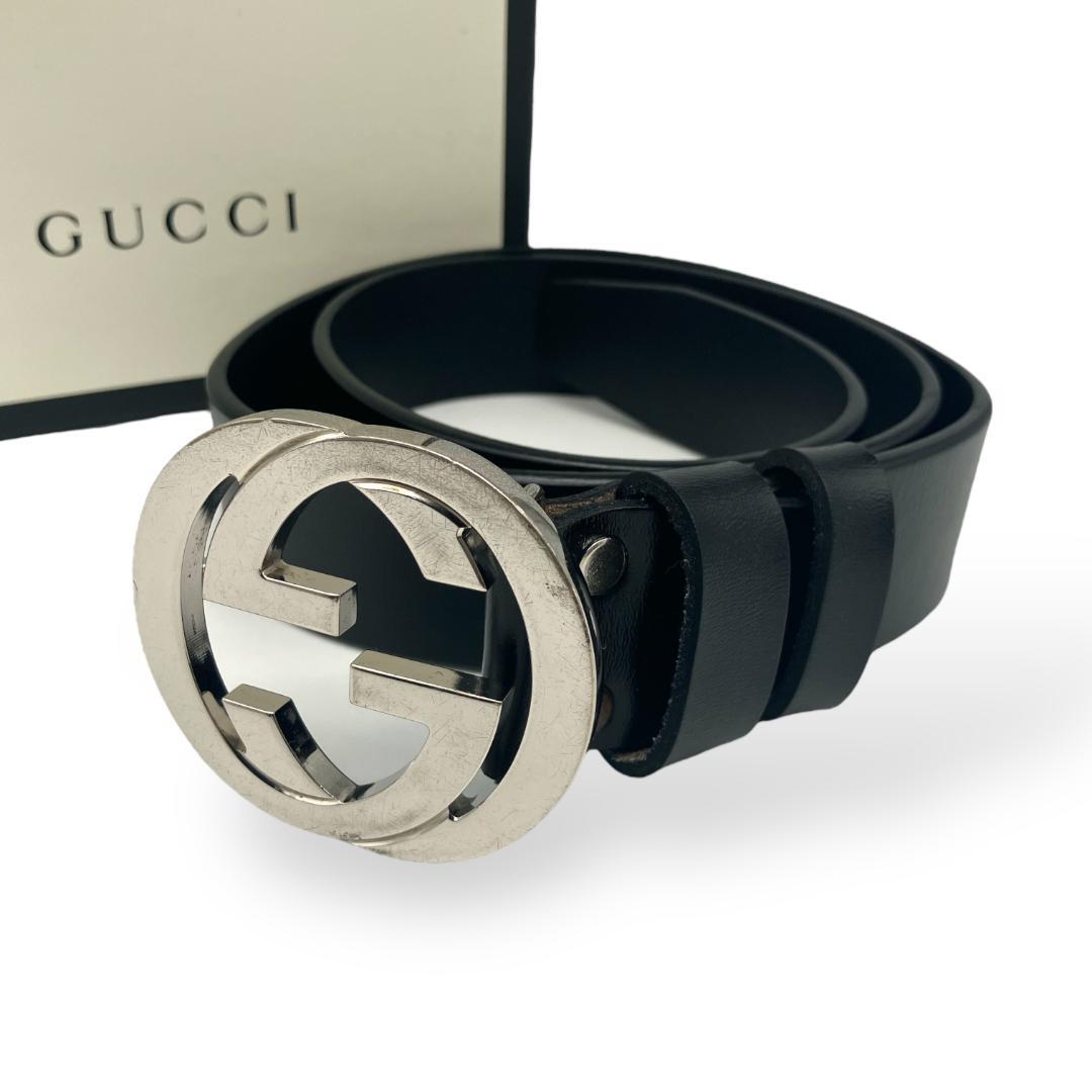GUCCI グッチ インターロッキング バックル ベルト付き シルバー ブラック