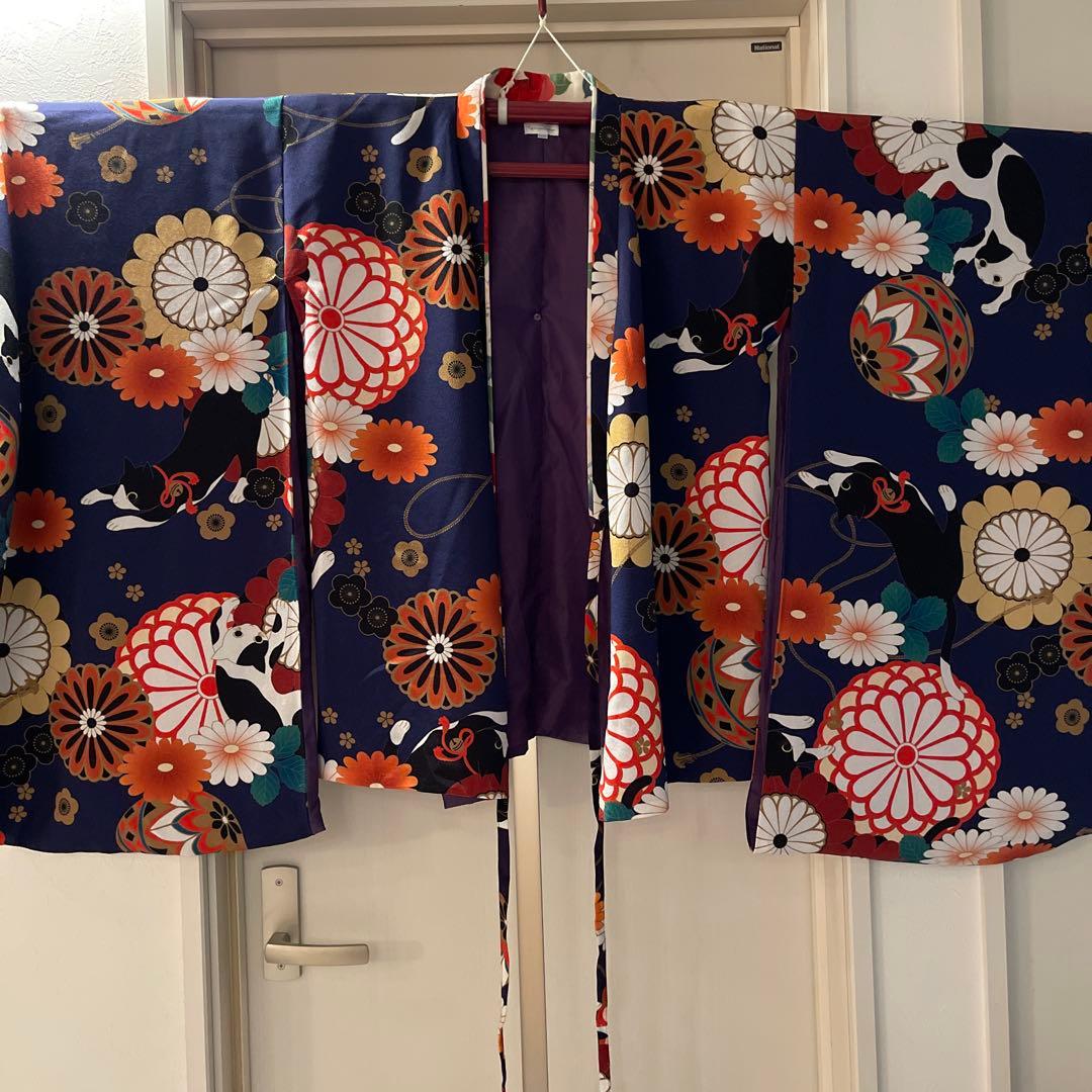 【紫色手毬猫×象牙袴[C5]】卒業式 袴 ちりめん風着物と刺繍入り袴160cm