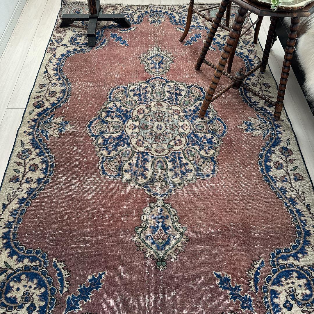 トルコ ヴィンテージラグA99 レア 大判 ローズブラウン ネイビー メダリオン