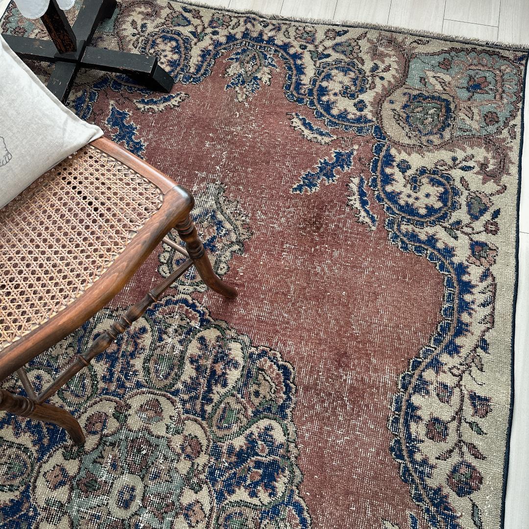 トルコ ヴィンテージラグA99 レア 大判 ローズブラウン ネイビー メダリオン